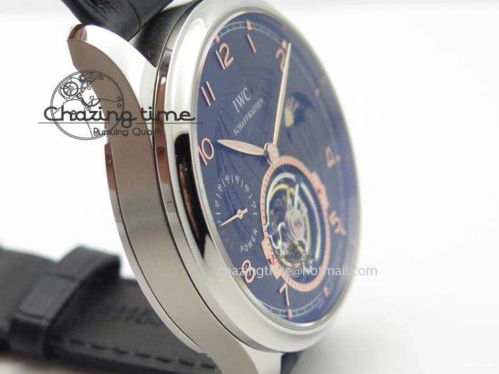 MIROTIME 0204 Portuguese Tourbillon Power Reserve Moonphase SS Black Dial Gold Numbers On Black Leather Strap RelaxedFit 7320